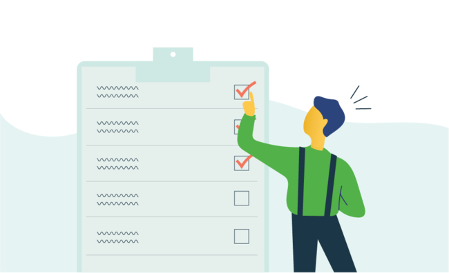 A man stands at a giant checklist on a clipboard. He's point at the first item, which is checked off. The next two items are also checked off.