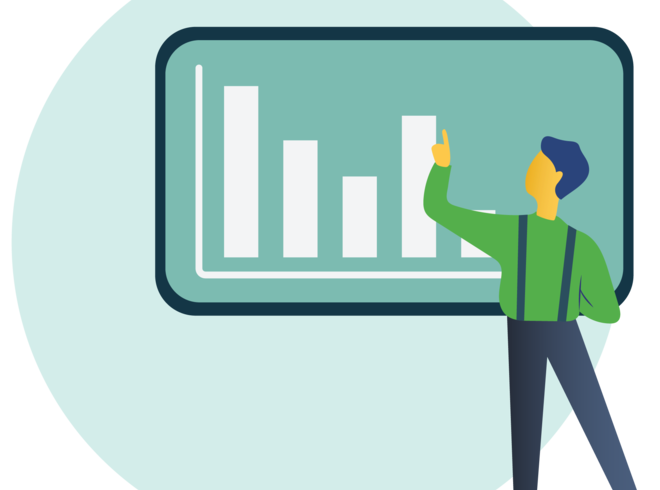 A man points at a bar graph with five columns.