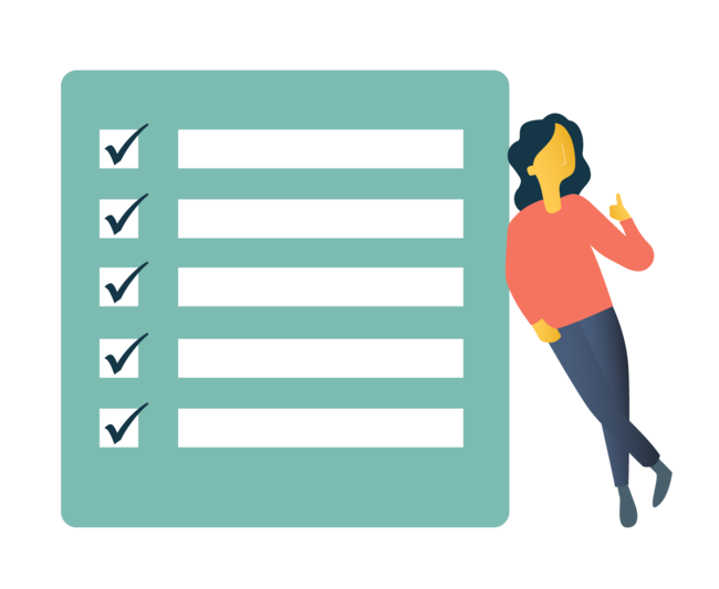 A woman leans against a checklist and gives the thumbs up.