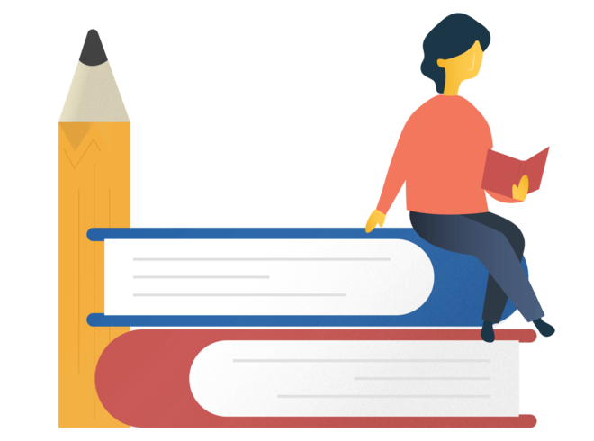 A woman sits on top of two books. A giant pencil sits to the left.