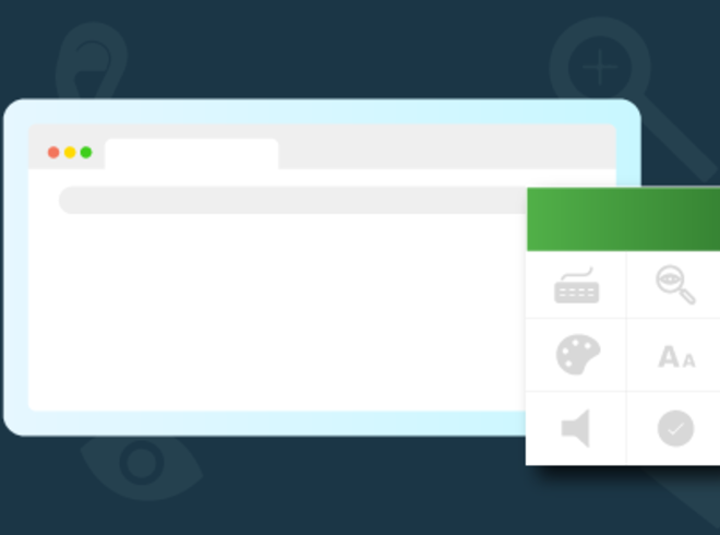 A browers is open with a sample accessibility overlay, showing icons for a keyboard, magnifying glass, paints, text size, volume, and a checkmark.