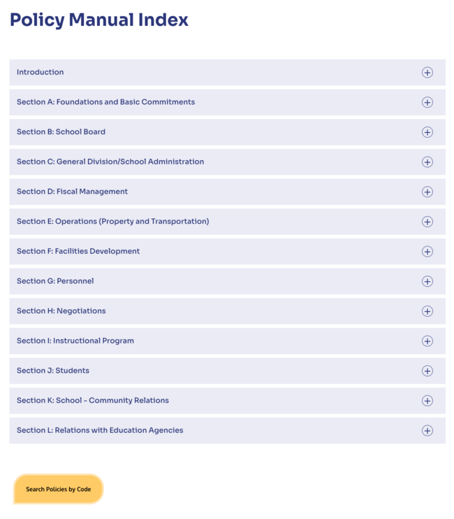 The Policy Manual index, with a list of policies, all neatly organized into accordion articles.