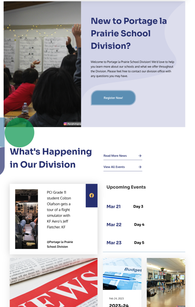 Part of the PLPSD website that show division information and upcoming events.