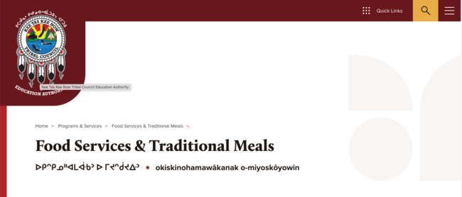 Food services page name in English and Cree.