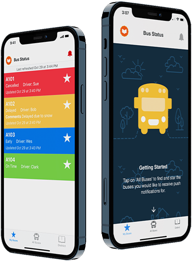 Two mobile phones back to back. On the left is the Bus Status landing screen, on the right is a selection of buses, one cancelled, one delayed, one early, and one on time.